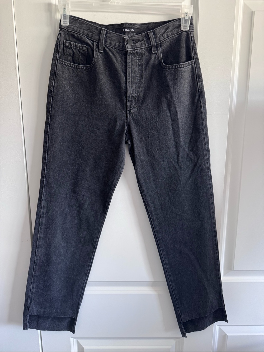 J Brand Women's Straight-Leg Jeans in Washed Black with split hem detail